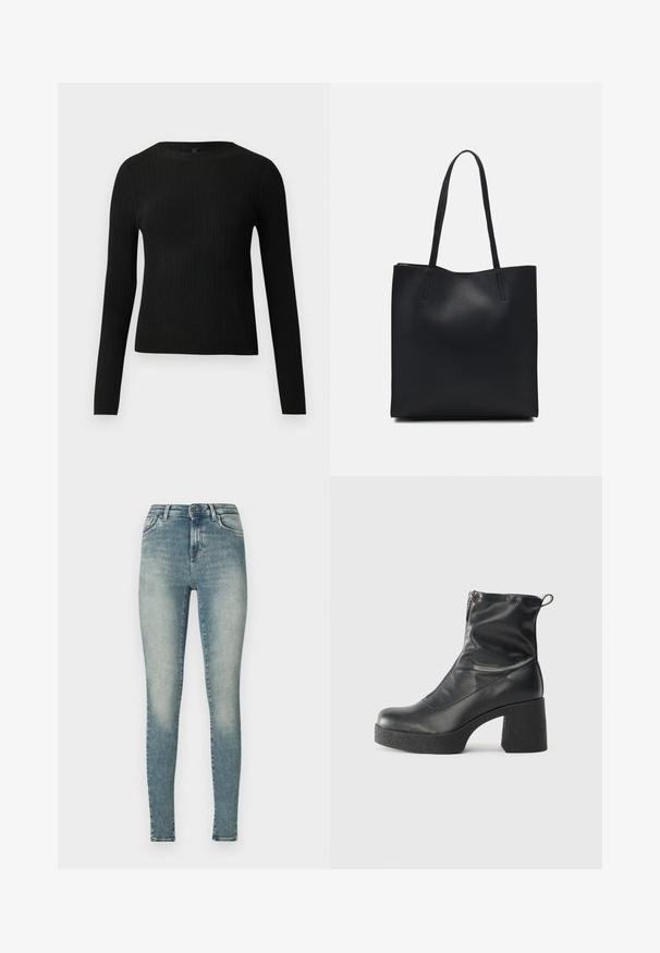 Μαύρο ριμπ πλεκτό πουλόβερ με μακρύ μανίκι και στρογγυλή λαιμόκοψη, παρουσιαζόμενο σε απλή ανοιχτόχρωμη φόντο.; Λεπτά τζιν σε ανοιχτό μπλε βαμβάκι, με ψηλή μέση, ήπια ξεθώριασμα, πέντε τσέπες και φερμουάρ με κουμπί.; Μαύρες μποτές μέχρι τον αστράγαλο από λείο δέρμα, με πλευρικό φερμουάρ, χοντρό υφασμάτινο τακούνι και στρογγυλή μύτη.; Μαύρη δερμάτινη τσάντα tote με λείο υφή, ορθογώνιο σχήμα και δύο μακριές λαβές. Χωρίς ορατό υλικό ή διακοσμητικά στοιχεία.