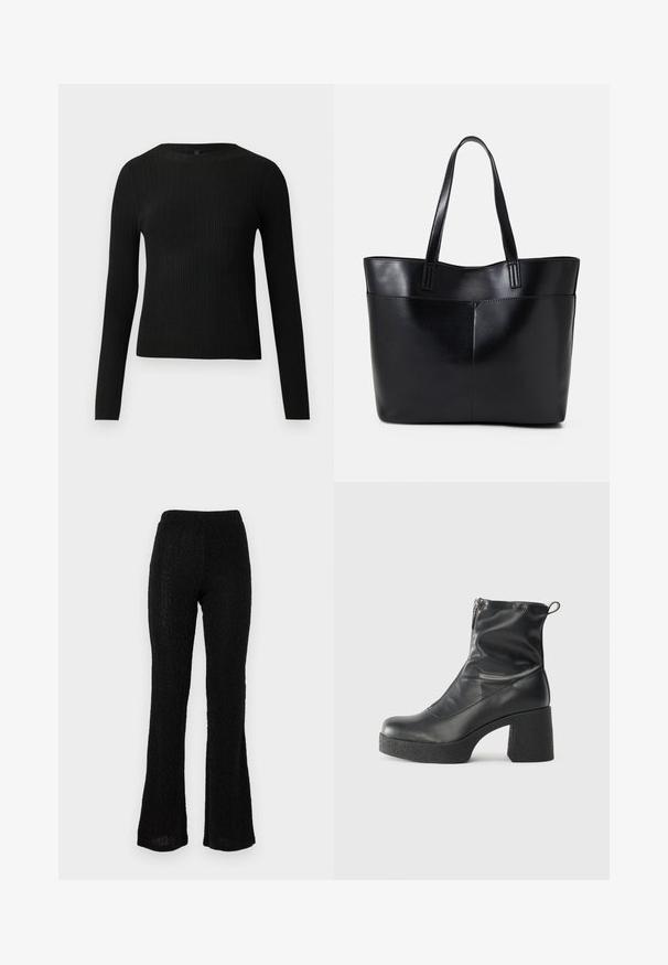 Črna rebrasta dolgosleeve prilegnjena pulover s krožnim ovratnikom, prikazan na enostavni svetli podlagi.; Črne razširjene hlače iz teksturirane tkanine z diskretnim vzorcem. Elastičen pas, lahke in dolge do tal.; Črne gležnjarje iz gladke kože z božnim zadrgo, masivnim teksturiranim peto in zaobljeno obliko prstov.; Črna usnjena torba z dvema dolgima ročajema, gladko teksturo in strukturirano obliko. Ima sprednji žep za dodatno shranjevanje.
