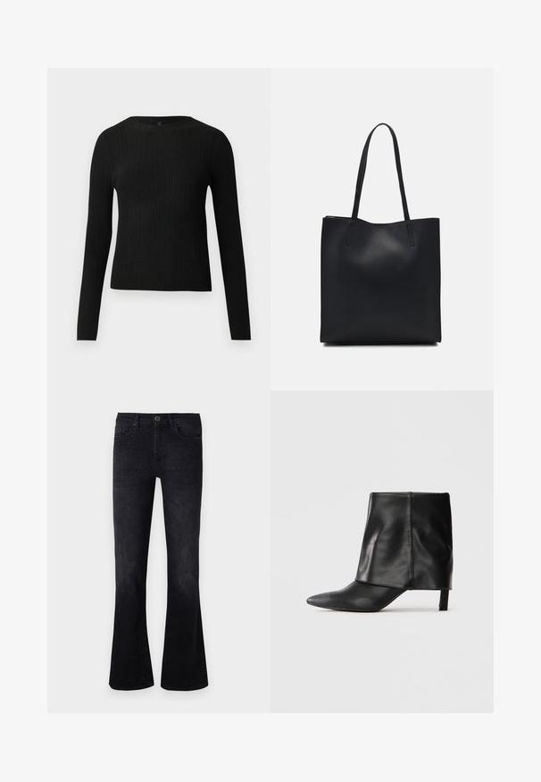 Zwarte geribde langochtriem trui met een ronde halslijn, weergegeven tegen een effen lichte achtergrond.; Zwarte flare jeans van denim, met een mid-rise taille, versieringen aan de voorkant en een klassiek vijf-pocket ontwerp.; Zwarte leren laars tot halverwege de kuit met een spitse neus, opgevouwen bovenste schacht en slanke lage hak, staand op een witte achtergrond.; Zwarte leren handtas met een gladde textuur, rechthoekige vorm en twee lange handvaten. Geen zichtbare hardware of versieringen.