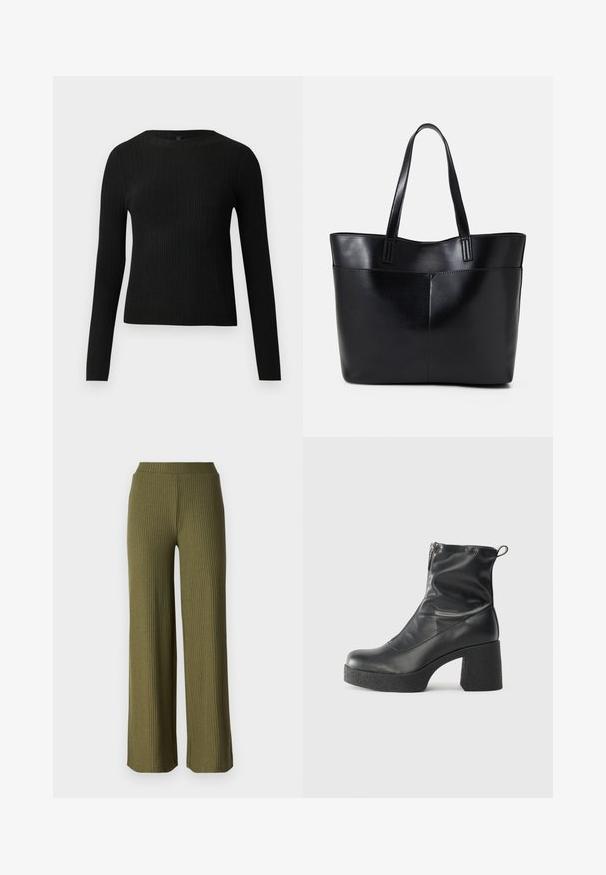 Sort ribbet langærmet tætsiddende sweater med rund halsudskæring, præsenteret på en ensfarvet lys baggrund.; Oliven grønne, ribbede bukser med bred benvidde og en blød tekstur samt elastisk talje. Har en lige skæring og lang længde.; Sorte ankelstøvler lavet af glat læder, med en sidelukning, kraftig struktureret hæl og rundt tådesign.; Sort læder tote taske med to lange håndtag, en glat tekstur og en struktureret form. Har en forlommem for ekstra opbevaring.