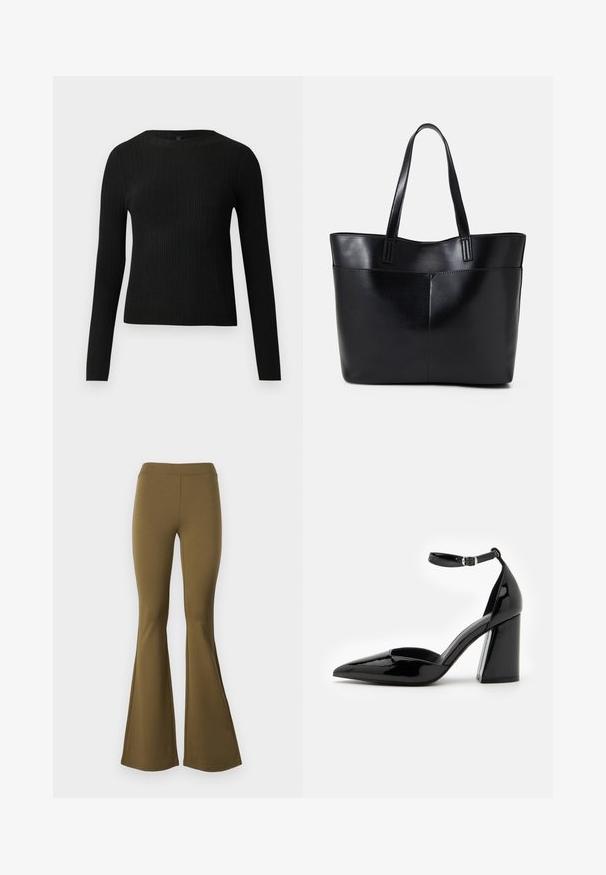 Pulover negru cu mâncă lungă, cu textură ribbed, cu decolteu rotund, expus pe un fundal deschis și simplu.; Pantaloni evazați cu talie înaltă, de culoare verde măsliniu. Construiți dintr-un material elastic, cu o textură netedă și o formă largă de tip clopot de la genunchi în jos.; Pantof lăcuit negru cu toc înalt, vârf ascuțit, curea la glezne și toc lat pentru stabilitate, având o textură netedă și lucioasă.; Geantă oversized din piele neagră, cu două mânere lungi, de textură netedă și formă structurată. Are un buzunar frontal pentru stocare suplimentară.