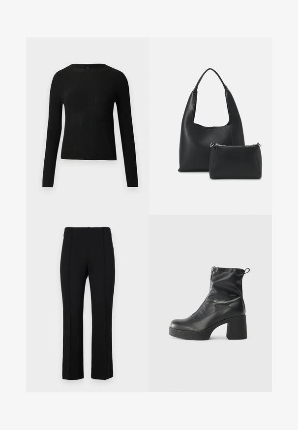 Pull ajusté noir à manches longues et côtelé avec un col rond, présenté sur un fond clair uni.; Pantalon noir avec un design à jambe droite, featuring des coutures avant détaillées et un tissu lisse. Fabriqué à partir d'un tissu extensible et flexible.; Bottes noires à la cheville en cuir lisse, dotées d'une fermeture éclair sur le côté, d'un talon épais texturé et d'une conception à bout rond.; Even&Odd Sac à main - black