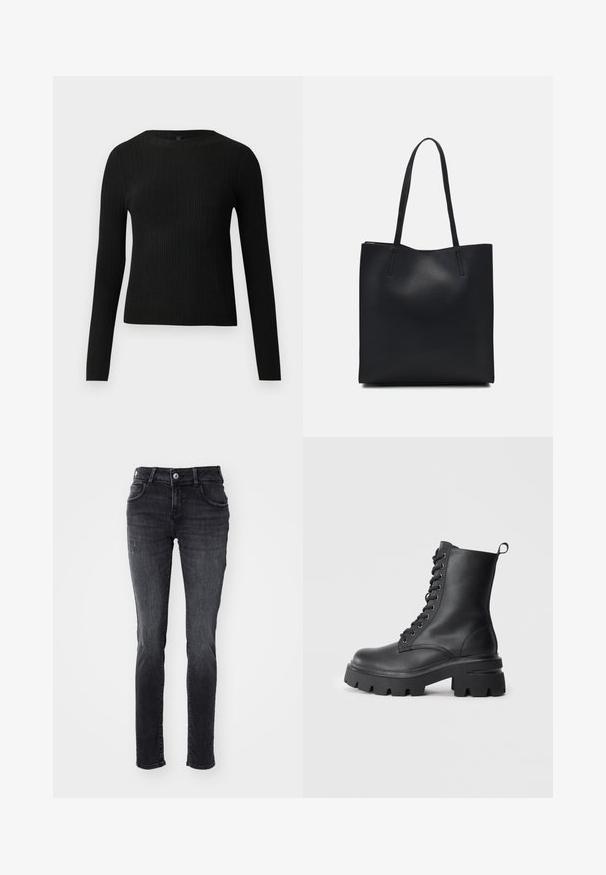 Mustmustriibuline must pikavarsiline sobiv sviiter ümmarguse kaelusega, esitatud helehallil taustal.; Mustad mustad teksad, viie taskuga disain, kerge kulumine ja kulunud detailid ees. Valmistatud denimkangast, millel on sile tekstuur.; Mustad mustad nahast nööriga saapad, millel on jäme tald, ümar varvas ja tekstuuriga pealis. Omab metallist silmadega ja väikest tõmbehaakimist taga.; Mustast nahast kott sujuva tekstuuriga, ristkülikukujuline ja kahe pika sangaga. Pole nähtavat riistvara ega kaunistusi.