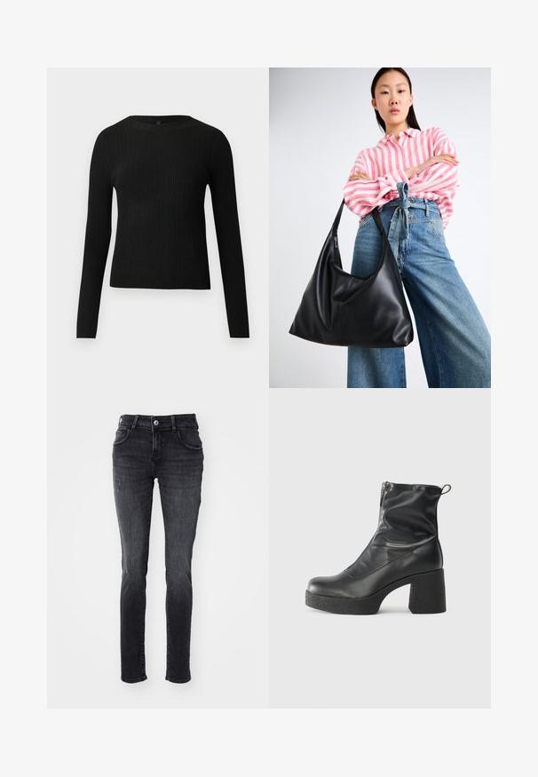 Crni rebrasti dugouhasti pripijeni pulover s okruglim izrezom, prikazan na jednostavnoj svijetloj pozadini.; Crne uske traperice s pet džepova, s blagim izbljeđivanjem i ispucalim detaljima sprijeda. Izrađene od traper tkanine s glatkom teksturom.; Crne gležnjače od glatke kože, s bočnim zatvaračem, debelim teksturiranim potplatom i dizajnom s zaobljenim prstima.; Crna kožna torba preko ramena sa opuštenim oblikom i detaljima šavova. Model nosi majicu s ružičasto-bijelim prugama i široke plave traperice.