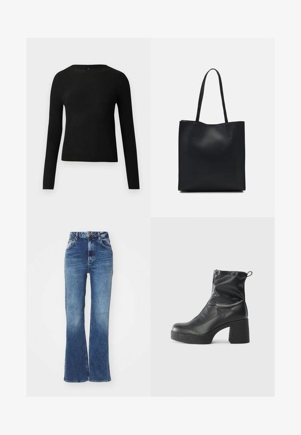 Černý žebrovaný dlouhý rukáv těsně padnoucí svetr s kulatým výstřihem, vystavený na jednoduchém světlém pozadí.; Džíny s vysokým pasem a rozšířenými nohavicemi ve středně modré denimové barvě. Pětispotřební design s předním zapínáním na knoflík. Obsahuje lehce vybledlý odstín a kontrastní švy.; Černé kotníkové boty vyrobené z hladké kůže, s bočním zipem, robustním strukturovaným podpatkem a kulatou špičkou.; Černá kožená taška přes rameno s hladkým povrchem, obdélníkovým tvarem a dvěma dlouhými uchy. Žádné viditelné kování ani ozdoby.