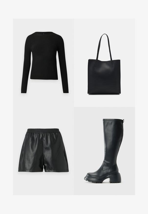 Svart ribbestrikket langermet tettsittende genser med rund hals, vist mot en ensfarget lys bakgrunn.; Svart faux skinnshorts med elastisk midje, som har en glatt tekstur og en løs passform. Ingen synlige mønstre eller detaljer.; Høy svart lærstøvel med chunky plattformsåle og blokkhelt, med trekkstang og teksturert mønster på yttersålen.; Svart lær tote bag med glatt tekstur, rektangulær form og to lange håndtak. Ingen synlige deler eller dekorasjoner.