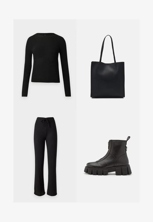 Crni rebrasti dugouhasti pripijeni pulover s okruglim izrezom, prikazan na jednostavnoj svijetloj pozadini.; Pieces PCIRIS WIDE - Hlače - black; Crne kožne gležnjače s debelim, rebrastim potplatom, bočnim zatvaranjem na patentni zatvarač i trakom za povlačenje straga. Glatka tekstura i minimalni dizajn.; Crna kožna torba za nošenje s glatkom teksturom, pravokutnim oblikom i dvije duge ručke. Nema vidljivih metalnih dijelova ili ukrasa.