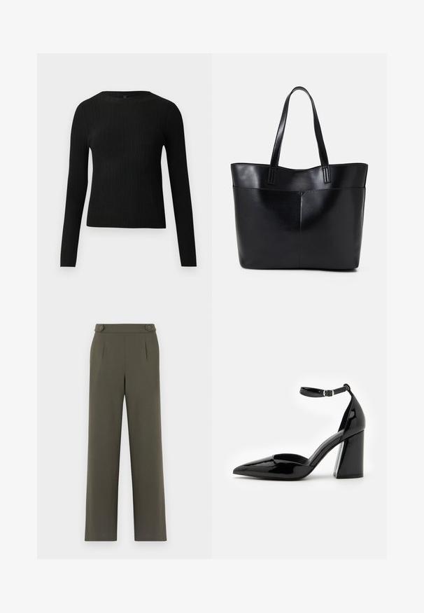 Black ribbed long-sleeve fitted sweater with a round neckline, displayed against a plain light background.; Olive green trousers with a straight-leg design, featuring two buttons at the waist and front pleats for added detail.; Black patent leather high heel shoe with a pointed toe, ankle strap, and wide block heel for stability, featuring a smooth glossy texture.; Black leather tote bag with two long handles, a smooth texture, and a structured shape. Features a front pocket for additional storage.