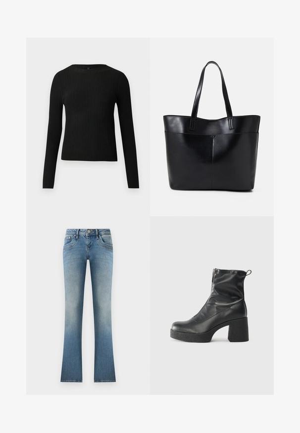 Suéter preto de mangas compridas com textura canelada, justo ao corpo, com um decote redondo, exibido contra um fundo claro e liso.; Jeans de boca larga em azul claro feitos de denim. Apresentam um efeito desbotado, cinco bolsos e um fecho de botão com passantes para cinto na cintura.; Botas de tornozelo pretas feitas de couro liso, com fecho lateral, salto grosso texturizado e design de bico arredondado.; Bolsa tote preta em couro com duas alças longas, textura suave e forma estruturada. Apresenta um bolso frontal para armazenamento adicional.