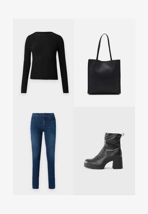 Suéter preto de mangas compridas com textura canelada, justo ao corpo, com um decote redondo, exibido contra um fundo claro e liso.; Jeans skinny de cor azul-escuro, feitos de denim, com fecho frontal por botão, passantes para cinto e cinco bolsos. Textura suave com um ligeiro desbotamento.; Botas de tornozelo pretas feitas de couro liso, com fecho lateral, salto grosso texturizado e design de bico arredondado.; Bolsa tote preta em couro com textura lisa, forma retangular e duas alças longas. Sem hardware ou enfeites visíveis.