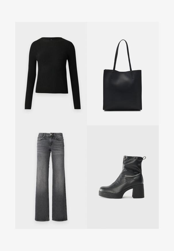 Melna, ribota, garām piedurknēm pieguļoša džemperis ar apaļu kakla izgriezumu, izlikta pret vienkāršu gaišu fonu.; Taisni piegriezuma tumši pelēki džinsi ar nelielu izbalēšanu uz augšstilbiem un standarta piecu kabatu dizainu uz baltas fona.; Melni potītes zābaki, kas izgatavoti no gludas ādas, ar sānu rāvējslēdzēju, masīvu strukturētu papēdi un noapaļotu purngalu.; Melnas ādas somiņa ar gludu tekstūru, taisnstūra formu un divām garām rokturiem. Nav redzamu aparatūras vai rotājumu.