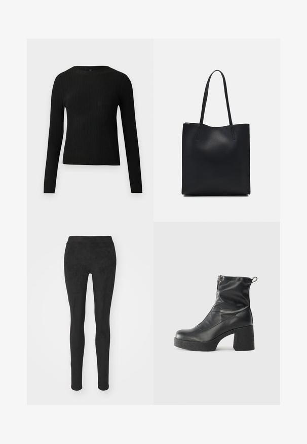 Black ribbed long-sleeve fitted sweater with a round neckline, displayed against a plain light background.; Black legging made of soft, stretchy fabric. Features a high waistband and a smooth, matte texture without visible seams or patterns.; Black ankle boots made of smooth leather, featuring a side zipper, chunky textured heel, and rounded toe design.; Black leather tote bag with smooth texture, rectangular shape, and two long handles. No visible hardware or embellishments.