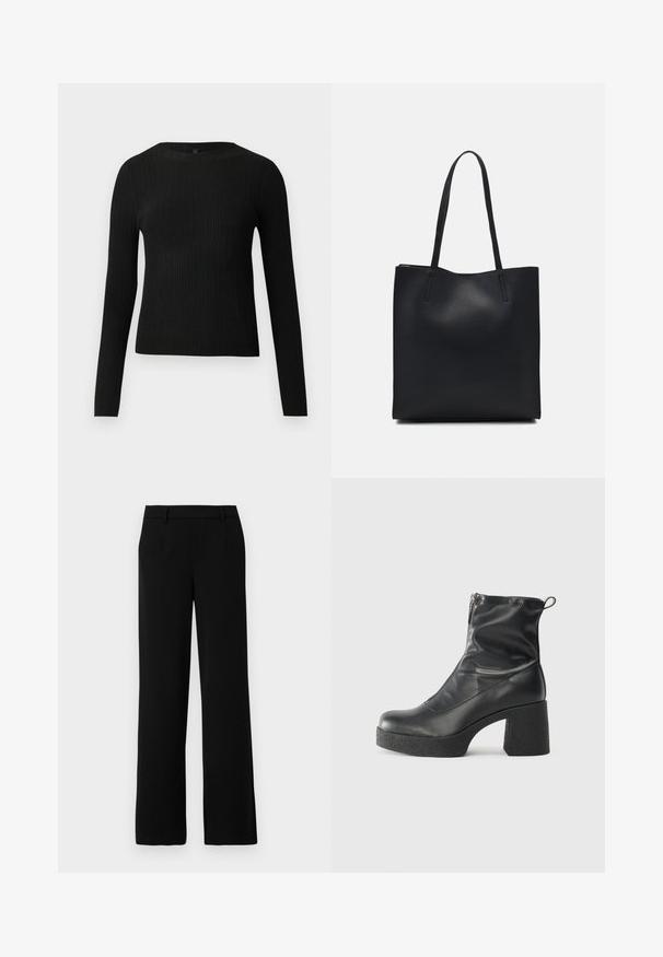 Schwarzer, gerippter, langärmliger, taillierter Pullover mit Rundhalskragen, vor einem schlichten, hellen Hintergrund präsentiert.; Schwarze weit geschnittene Hose aus glattem Stoff, mit flacher Vorderseite, zwei seitlichen Taschen und einem taillierten Bund für einen eleganten Look.; Schwarze Stiefeletten aus glattem Leder mit seitlichem Reißverschluss, klobigem strukturiertem Absatz und runder Zehenform.; Schwarze Laptoptasche aus Leder mit glatter Textur, rechteckiger Form und zwei langen Griffen. Keine sichtbaren Beschläge oder Verzierungen.