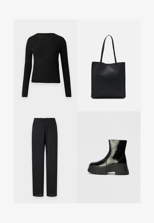 Black ribbed long-sleeve fitted sweater with a round neckline, displayed against a plain light background.; Black, lightweight pants with a relaxed fit, featuring an elastic waistband and smooth texture. Straight legs taper slightly at the hem.; Black glossy ankle boot with thick lug sole and rounded toe, side view on plain light gray background.; Black leather tote bag with smooth texture, rectangular shape, and two long handles. No visible hardware or embellishments.