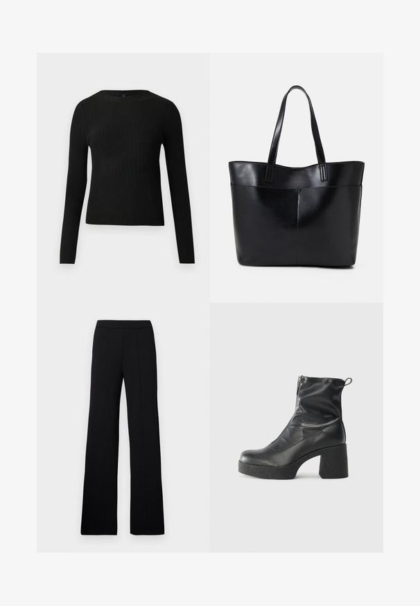 Svart ribbad långärmad åtsittande tröja med rund halsringning, visad mot en enkel ljus bakgrund.; Svarta vida byxor med en mjuk, vävd textur, med en platt midja och vertikala sömmar för en skräddarsydd look.; Svarta ankelstövlar i slitstark läder, med sidodragkedja, kraftig strukturerad klack och rundad tådesign.; Svart läder tote-väska med två långa handtag, en slät yta och en strukturerad form. Har en framficka för extra förvaring.