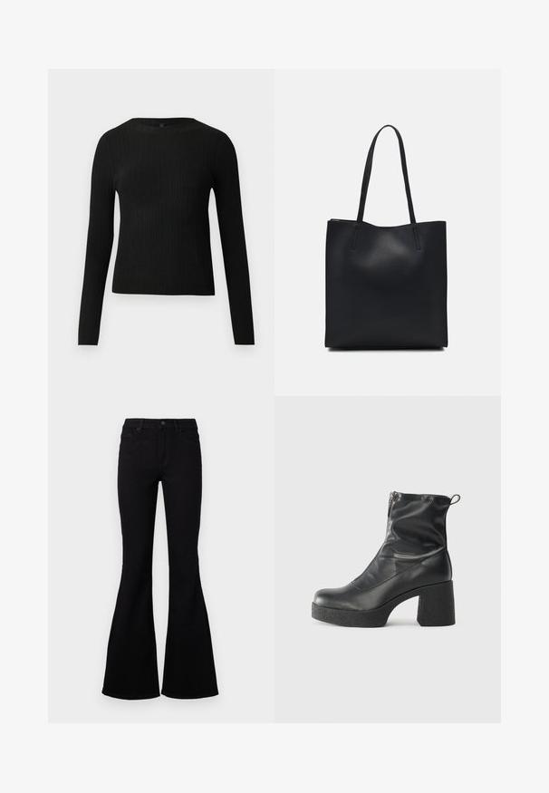 Suéter preto de mangas compridas com textura canelada, justo ao corpo, com um decote redondo, exibido contra um fundo claro e liso.; Jeans pretos flare com uma cintura alta, feitos de denim. Apresentam cinco bolsos e um fecho clássico de botão; textura suave e design bem ajustado.; Botas de tornozelo pretas feitas de couro liso, com fecho lateral, salto grosso texturizado e design de bico arredondado.; Bolsa tote preta em couro com textura lisa, forma retangular e duas alças longas. Sem hardware ou enfeites visíveis.