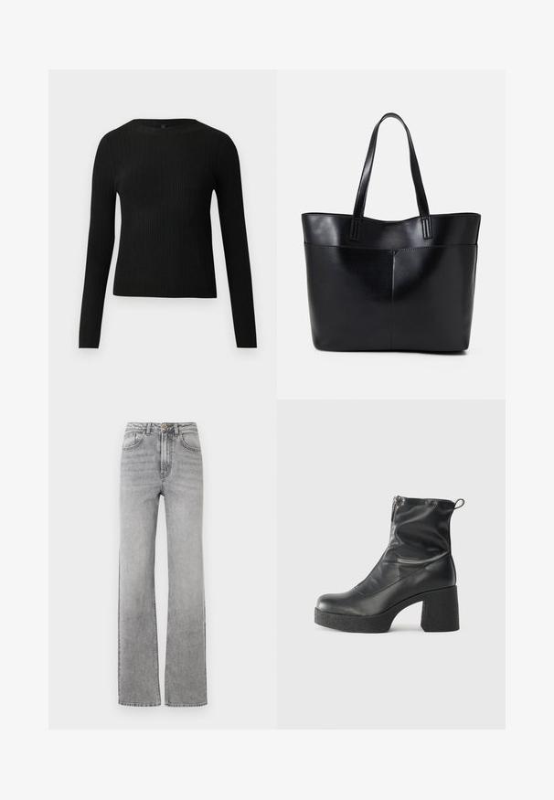 Maglione fitted a maniche lunghe nero a costine con scollo rotondo, esposto su uno sfondo chiaro e semplice.; Jeans in denim grigio sbiadito a gamba dritta con chiusura a bottoni e zip, tasche frontali e passanti per cintura su sfondo bianco.; Stivali neri alla caviglia in pelle liscia, con zip laterale, tacco spesso e texture, e punta arrotondata.; Borsa a tracolla in pelle nera con due manici lunghi, una texture liscia e una forma strutturata. Presenta una tasca frontale per ulteriore spazio di archiviazione.