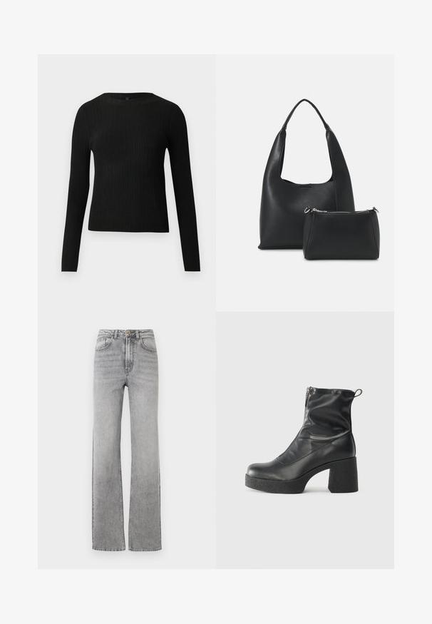 Suéter preto de mangas compridas com textura canelada, justo ao corpo, com um decote redondo, exibido contra um fundo claro e liso.; Jeans de ganga cinza desbotados de perna reta com fecho de botão e zip, bolsos frontais e passantes para cinto em fundo branco.; Botas de tornozelo pretas feitas de couro liso, com fecho lateral, salto grosso texturizado e design de bico arredondado.; Even&Odd Mala de mão - black