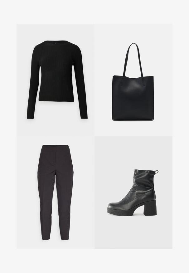 Suéter negro de manga larga ajustado con estampado de canalé y cuello redondo, exhibido sobre un fondo claro y liso.; Pantalones negros ajustados con un corte slim, que presentan una textura suave, bolsillos laterales y detalles de plisado en la parte delantera.; Botines negros de tobillo, hechos de cuero suave, con cierre lateral, tacón grueso texturizado y diseño de punta redondeada.; Bolso tote de cuero negro con textura lisa, forma rectangular y dos asas largas. Sin herrajes ni adornos visibles.