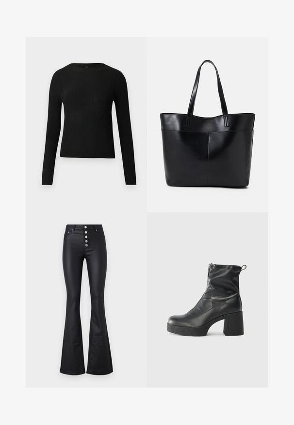 Black ribbed long-sleeve fitted sweater with a round neckline, displayed against a plain light background.; Black flared pants made of smooth, stretchy material with a high waist and five metallic buttons at the front. Features two side pockets.; Black ankle boots made of smooth leather, featuring a side zipper, chunky textured heel, and rounded toe design.; Black leather tote bag with two long handles, a smooth texture, and a structured shape. Features a front pocket for additional storage.