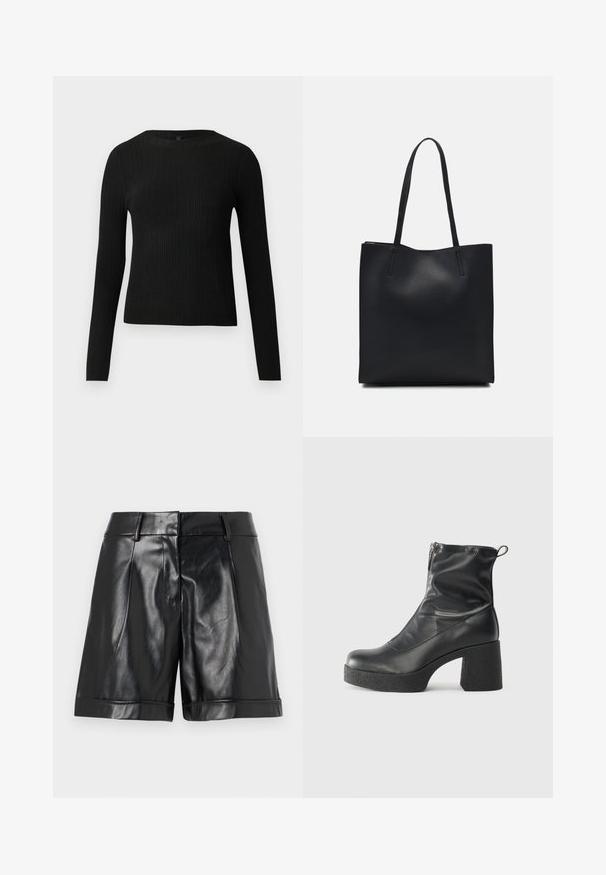 Fekete bordázott, hosszú ujjas, testhez simuló pulóver kerek nyakkivágással, világos, egyszínű háttér előtt kiemelve.; Fekete bőrshorts, fényes felülettel, elülső redőkkel és felgörbített szegéllyel. Elegáns dizájn, szabott derékkal és minimális hardverelemekkel.; Fekete bokacsizmák sima bőrből, oldalsó cipzárral, vastag, texturált sarkú és lekerekített orrú dizájnnal.; Fekete bőrtáska sima felszínnel, téglalap alakú, két hosszú füllel. Nincs látható fémkiegészítő vagy díszítés.