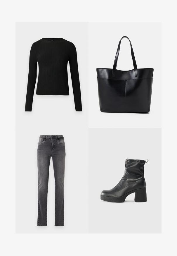 Svart ribbestrikket langermet tettsittende genser med rund hals, vist mot en ensfarget lys bakgrunn.; Grå slim-fit jeans med lett falming på lårene og knærne, med front- og baklommer, beltehemper og knappelukking.; Svarte ankelstøvler laget av glatt lær, med glidelås på siden, chunky strukturert hæl, og rund tå-design.; Svart lær toteveske med to lange håndtak, en glatt tekstur og en strukturert form. Har en frontlomme for ekstra oppbevaring.