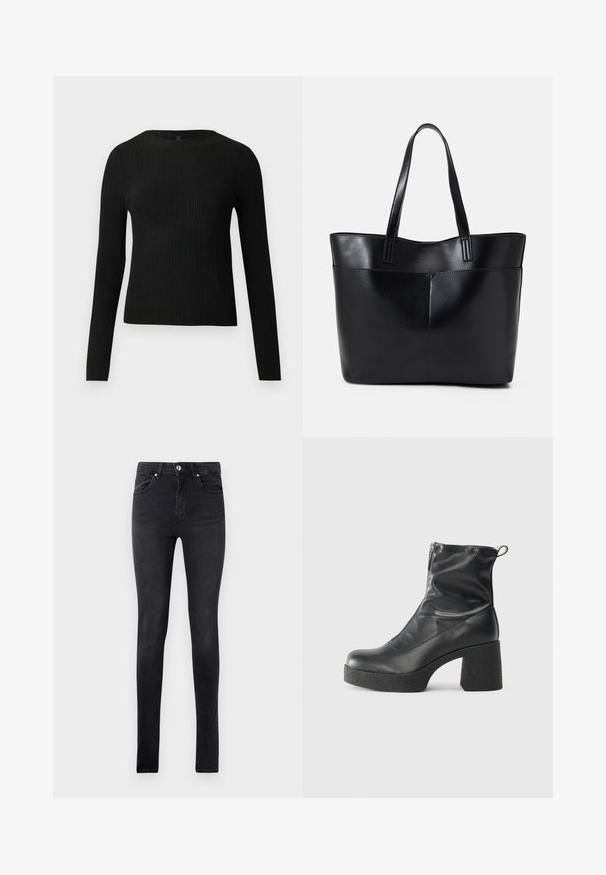 Pulover negru cu mâncă lungă, cu textură ribbed, cu decolteu rotund, expus pe un fundal deschis și simplu.; Jeans negri, slim-fit, din denim, cu cinci buzunare și închidere cu buton la talie, prezentate pe un fundal alb simplu.; Bocanci negri de glezna din piele netedă, cu fermoar lateral, toc texturat și masiv, și design cu vârf rotund.; Geantă oversized din piele neagră, cu două mânere lungi, de textură netedă și formă structurată. Are un buzunar frontal pentru stocare suplimentară.