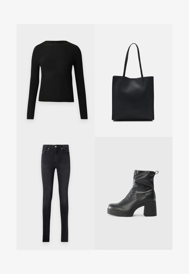 Suéter negro de manga larga ajustado con estampado de canalé y cuello redondo, exhibido sobre un fondo claro y liso.; Jeans de denim negros de corte slim con cinco bolsillos y cierre de botón en la cintura, exhibidos sobre un fondo blanco liso.; Botines negros de tobillo, hechos de cuero suave, con cierre lateral, tacón grueso texturizado y diseño de punta redondeada.; Bolso tote de cuero negro con textura lisa, forma rectangular y dos asas largas. Sin herrajes ni adornos visibles.