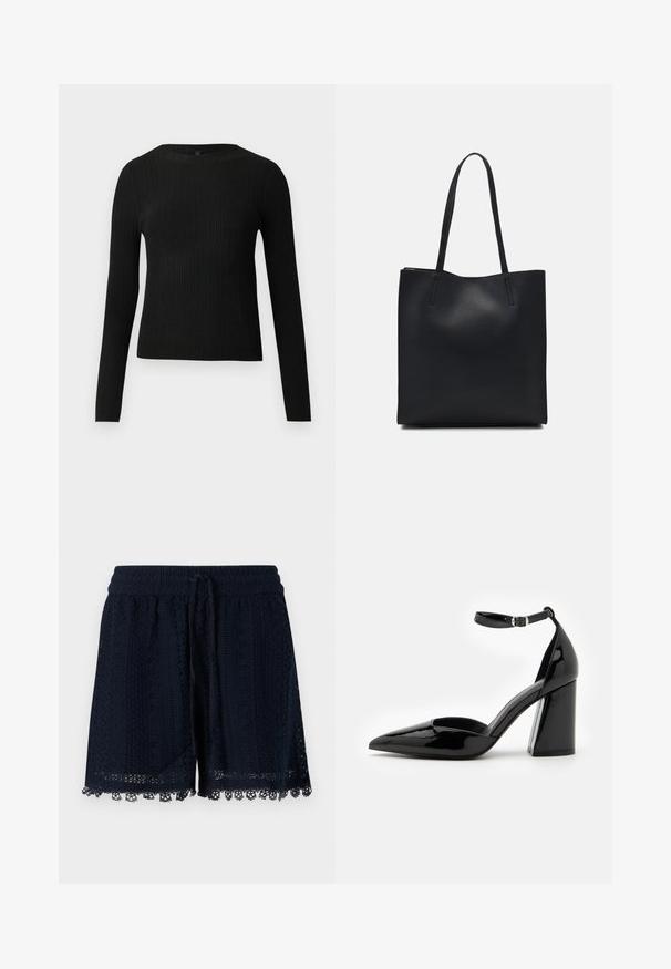 Maglione fitted a maniche lunghe nero a costine con scollo rotondo, esposto su uno sfondo chiaro e semplice.; Shorts blu navy realizzati in tessuto all'uncinetto con un motivo testurizzato e pizzo lungo l'orlo. Vita elastica con cordoncino.; Scarpa con tacco alto in pelle verniciata nera, punta affusolata, cinturino alla caviglia e tacco largo per maggiore stabilità, caratterizzata da una superficie liscia e lucida.; Borsa tote in pelle nera con texture liscia, forma rettangolare e due manici lunghi. Nessun hardware o decorazione visibile.