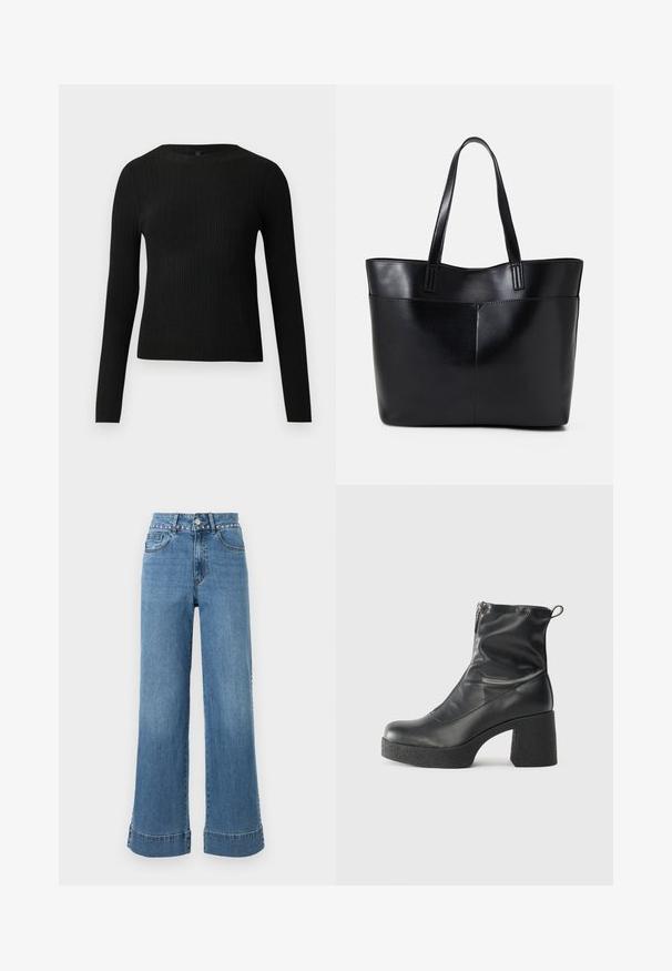 Mustmustriibuline must pikavarsiline sobiv sviiter ümmarguse kaelusega, esitatud helehallil taustal.; Kergelt sinise kõrge vöökohaga teksapüksid laia jalgadega, millel on dekoratiivsed nupukesed vööl ja õmbluste detailid allääres.; Mustad mustad ansapüksid, mis on valmistatud siledast nahast, külje zipperiga, paksu tekstuuriga kontsaga ja ümmarguse nina disainiga.; Must mustaga musta nahast, millel on kaks pikka kanda, sile tekstuur ja struktureeritud kuju. Esipoolsel on lisakoti jaoks tasku.