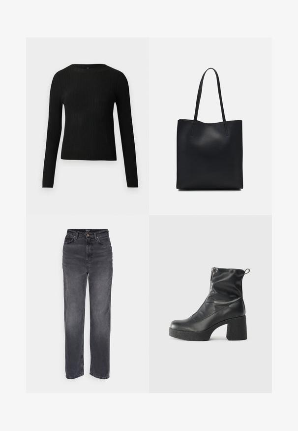 Black ribbed long-sleeve fitted sweater with a round neckline, displayed against a plain light background.; High-waisted, straight-leg jeans in dark gray denim. Features a button closure and classic five-pocket design with subtle fading.; Black ankle boots made of smooth leather, featuring a side zipper, chunky textured heel, and rounded toe design.; Black leather tote bag with smooth texture, rectangular shape, and two long handles. No visible hardware or embellishments.