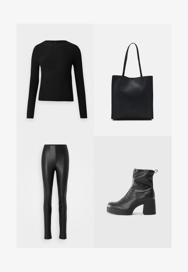 Čierny rebrovaný pulóver s dlhým rukávom, priliehajúci, s okrúhlym výstrihom, vystavený na jednoduchom svetlom pozadí.; Čierne nohavice z umelého kože so slim fit strihom, s dvoma vertikálnymi prednými švami a hladkou textúrou, končiace nad členkom.; Čierne členkové topánky z hladkej kože, so bočným zipsom, robustnou textúrovanou pätnou časťou a zaobleným dizajnom špičky.; Čierna kožená taška na rameno s hladkým povrchom, obdĺžnikovým tvarom a dvoma dlhými uchami. Bez viditeľného kovania alebo ozdôb.
