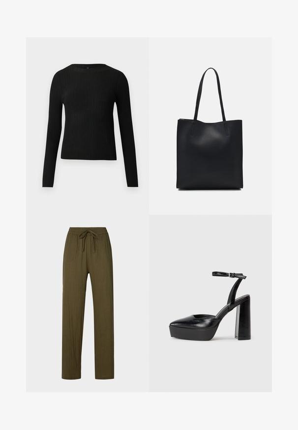 Mustmustriibuline must pikavarsiline sobiv sviiter ümmarguse kaelusega, esitatud helehallil taustal.; Saarhaaveld rohelised, volditud, kergekaalulised püksid kummipaelaga vööl ja sirge jala disainiga. Materjal on pehme, tekstuuriga viimistlusega.; Mustad platvormi kontsad terava ninaga ja reguleeritava pahkluuraamiga. Valmistatud siledast nahast, funktsioneerib massiivse plokknäheeliga.; Mustast nahast kott sujuva tekstuuriga, ristkülikukujuline ja kahe pika sangaga. Pole nähtavat riistvara ega kaunistusi.