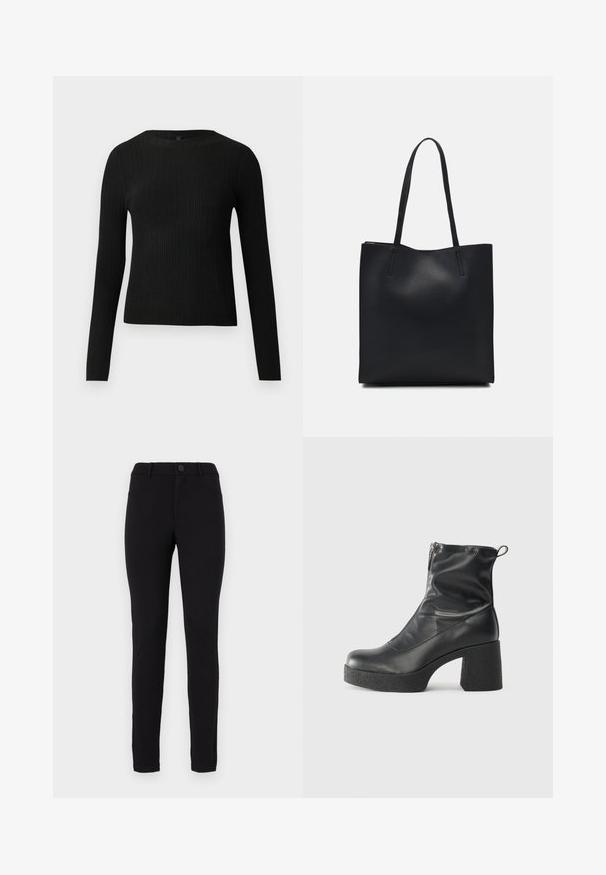 Pulover negru cu mâncă lungă, cu textură ribbed, cu decolteu rotund, expus pe un fundal deschis și simplu.; Pantaloni elastici negri cu un fit slim, dotati cu închidere buton, bucle pentru curea și buzunare laterale. Textură netedă cu un design de culoare solidă.; Bocanci negri de glezna din piele netedă, cu fermoar lateral, toc texturat și masiv, și design cu vârf rotund.; Geantă tote neagră din piele, cu textură netedă, formă rectangulară și două mânere lungi. Fără hardware vizibil sau ornamente.