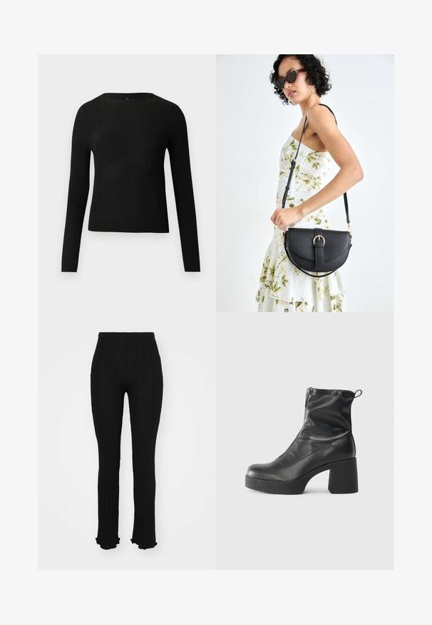 Juoda dryžuota ilga rankovė prigludusi megztinis su apvalia iškirpte, pateiktas prieš paprastą šviesią fono.; Juodi įridenti kelnės su išsiplėtusiais apačiais, su tekstūruoto dizaino ir elastingu juosmeniu. Lygaus, lengvo audinio, su prigludusia siluetu.; Juodos kulkšninių botai, pagaminti iš lygaus odos, su šoniniu užtrauktuku, masyviu tekstūruotu kulnu ir apvaliu pirštu.; Juodas odinis krepšys su išlenkta forma, nuimamu dirželiu ir auksiniais detalėmis. Krepšys turi kilpą su sagtimi.