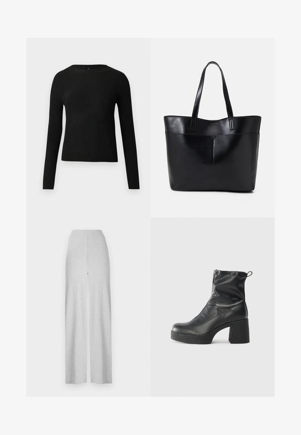 Pulover negru cu mâncă lungă, cu textură ribbed, cu decolteu rotund, expus pe un fundal deschis și simplu.; Pantaloni largi drepți gri deschis, cu un talie înaltă și o deschidere frontală. Fabricat dintr-un material moale cu o textură fină.; Bocanci negri de glezna din piele netedă, cu fermoar lateral, toc texturat și masiv, și design cu vârf rotund.; Geantă oversized din piele neagră, cu două mânere lungi, de textură netedă și formă structurată. Are un buzunar frontal pentru stocare suplimentară.