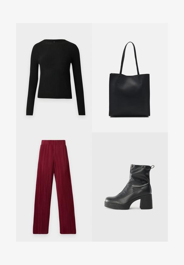 Svart ribbestrikket langermet tettsittende genser med rund hals, vist mot en ensfarget lys bakgrunn.; Burgunderfargede, plisserte vide bukser med elastisk linning. Den teksturerte stoffer har vertikale striper. Rett snitt ned til nederste. ; Svarte ankelstøvler laget av glatt lær, med glidelås på siden, chunky strukturert hæl, og rund tå-design.; Svart lær tote bag med glatt tekstur, rektangulær form og to lange håndtak. Ingen synlige deler eller dekorasjoner.