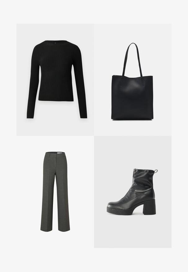 Black ribbed long-sleeve fitted sweater with a round neckline, displayed against a plain light background.; Wide-leg trousers in medium gray fabric, featuring a flat front, straight cut, and clean lines. No visible pockets or hardware details.; Black ankle boots made of smooth leather, featuring a side zipper, chunky textured heel, and rounded toe design.; Black leather tote bag with smooth texture, rectangular shape, and two long handles. No visible hardware or embellishments.
