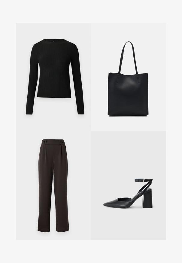 Mustmustriibuline must pikavarsiline sobiv sviiter ümmarguse kaelusega, esitatud helehallil taustal.; Tumed pruunid stiilsed püksid siledast kangast tekstuurist, millel on kõrge vöökoht, kaks esist pleedi ning dekoratiivsed mustad nupud vööl.; Mustmustest must-käigukingad, millel on konksuga nöör ja paks konts. Ühtlane tekstuur, stiilne disain ja minimalistlik esteetika.; Mustast nahast kott sujuva tekstuuriga, ristkülikukujuline ja kahe pika sangaga. Pole nähtavat riistvara ega kaunistusi.