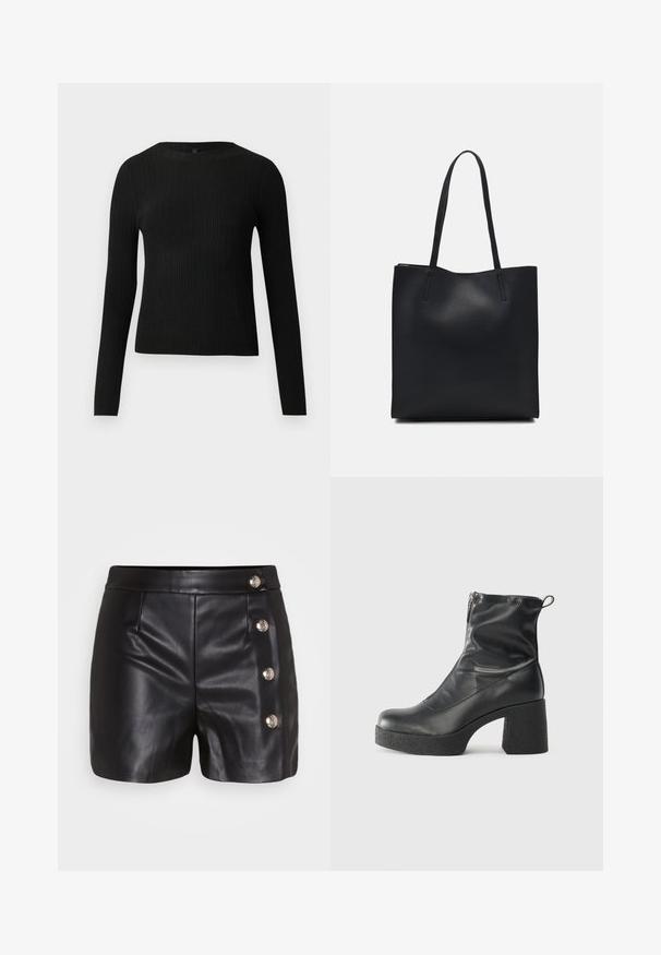 Pulover negru cu mâncă lungă, cu textură ribbed, cu decolteu rotund, expus pe un fundal deschis și simplu.; Pantaloni scurți din piele neagră cu o textură netedă, având patru accesorii cu butoane argintii pe partea dreaptă și două buzunare frontale.; Bocanci negri de glezna din piele netedă, cu fermoar lateral, toc texturat și masiv, și design cu vârf rotund.; Geantă tote neagră din piele, cu textură netedă, formă rectangulară și două mânere lungi. Fără hardware vizibil sau ornamente.