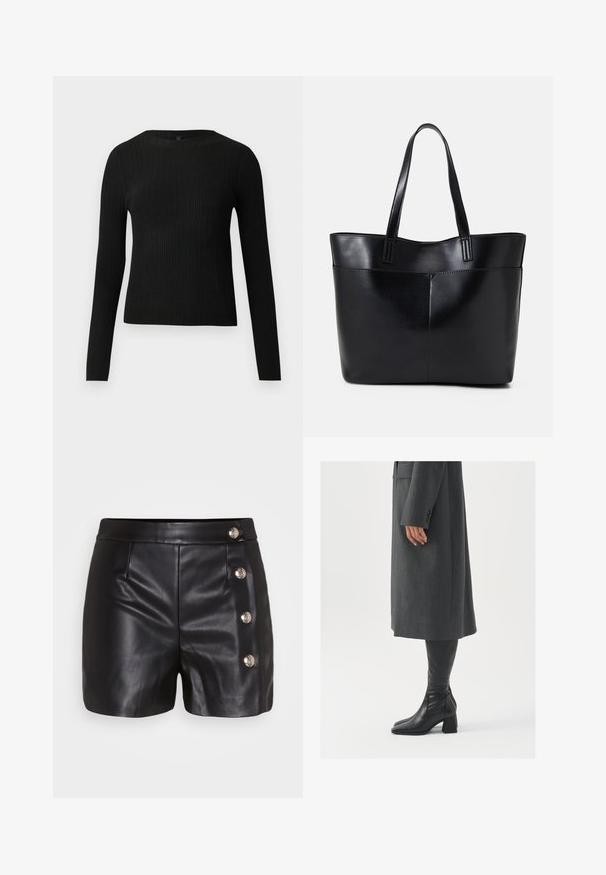 Pulover negru cu mâncă lungă, cu textură ribbed, cu decolteu rotund, expus pe un fundal deschis și simplu.; Pantaloni scurți din piele neagră cu o textură netedă, având patru accesorii cu butoane argintii pe partea dreaptă și două buzunare frontale.; Palton gri, croit cu un croi drept; asortat cu cizme din piele neagră, până la genunchi, cu vârf pătrat și toc chunky.; Geantă oversized din piele neagră, cu două mânere lungi, de textură netedă și formă structurată. Are un buzunar frontal pentru stocare suplimentară.