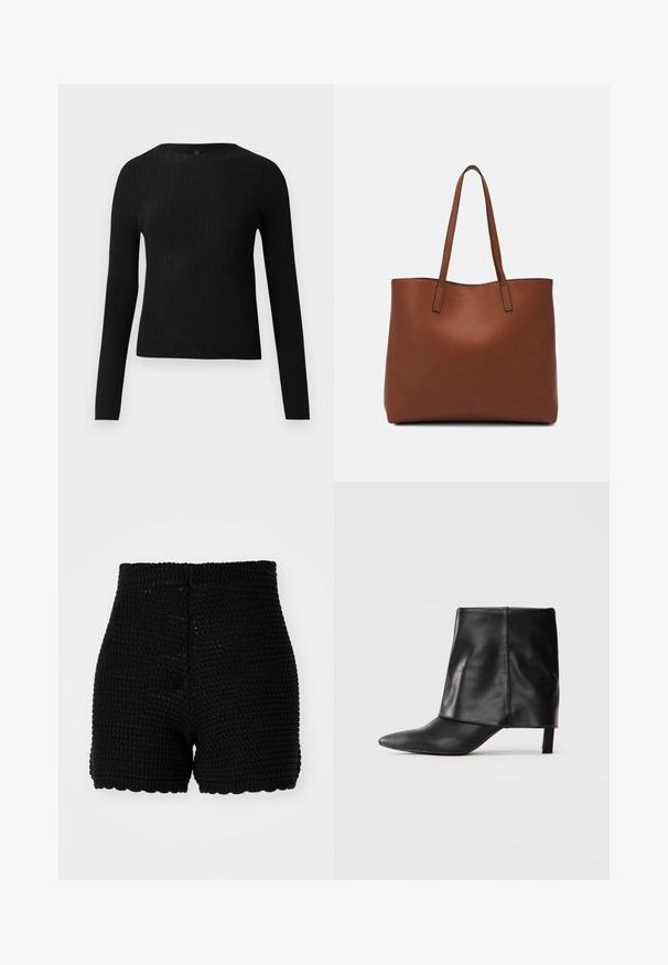 Suéter preto de mangas compridas com textura canelada, justo ao corpo, com um decote redondo, exibido contra um fundo claro e liso.; Calções de crochet pretos com textura canelada, cintura alta e bainha recortada. Projetados para uma silhueta ajustada e material respirável.; Bota de couro preta até o meio da panturrilha com bico fino, parte superior dobrada e salto baixo e esguio, em fundo branco.; Bolsa tote de couro castanho com uma textura suave, design de abertura superior e duas alças para o ombro. Apresenta costura mínima e sem hardware visível.