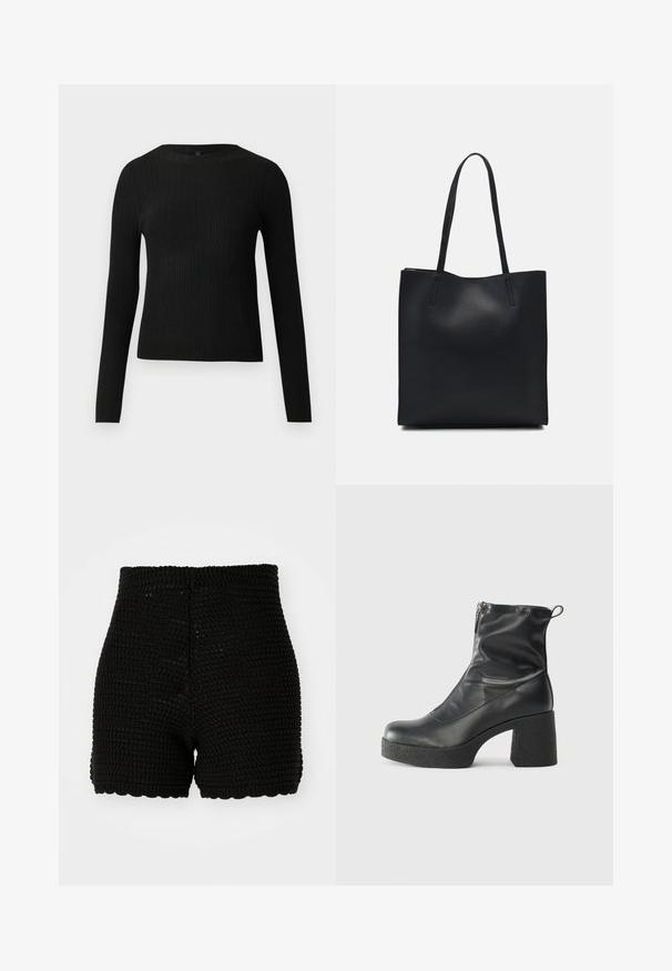 Juoda dryžuota ilga rankovė prigludusi megztinis su apvalia iškirpte, pateiktas prieš paprastą šviesią fono.; Juodi nertiniai šortai su šonkauline tekstūra, aukštu juosmeniu ir banginiu užbaigimu. Sukurti prigludusiam siluetui ir puriai medžiagai.; Juodos kulkšninių botai, pagaminti iš lygaus odos, su šoniniu užtrauktuku, masyviu tekstūruotu kulnu ir apvaliu pirštu.; Juodas odinis tote krepšys su lygia tekstūra, stačiakampio formos ir dviem ilgais rankenomis. Matomų metalinių detalių ar puošybos nėra.