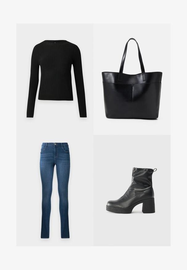 Fekete bordázott, hosszú ujjas, testhez simuló pulóver kerek nyakkivágással, világos, egyszínű háttér előtt kiemelve.; Sötétkék farmer skinny farmernadrág, magas derékkal, klasszikus öt zsebes kialakítással és finom kopással. Fém gombos záródás.; Fekete bokacsizmák sima bőrből, oldalsó cipzárral, vastag, texturált sarkú és lekerekített orrú dizájnnal.; Fekete bőr bevásárlótáska két hosszú fogantyúval, sima felülettel és strukturált formával. Elülső zseb található rajta a plusz tárolás érdekében.