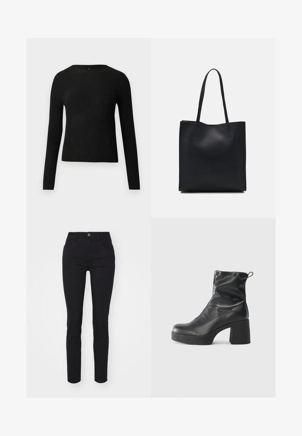 Mustmustriibuline must pikavarsiline sobiv sviiter ümmarguse kaelusega, esitatud helehallil taustal.; Mustadest denimist valmistatud kitsad teksad, millel on kõrge vöökoht, viie tasku disain, ühe nupuga sulgemine ja minimalistikud õmblusdetailid.; Mustad mustad ansapüksid, mis on valmistatud siledast nahast, külje zipperiga, paksu tekstuuriga kontsaga ja ümmarguse nina disainiga.; Mustast nahast kott sujuva tekstuuriga, ristkülikukujuline ja kahe pika sangaga. Pole nähtavat riistvara ega kaunistusi.