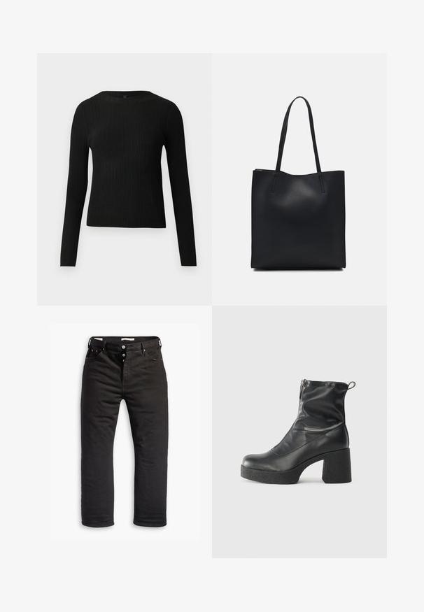 Suéter preto de mangas compridas com textura canelada, justo ao corpo, com um decote redondo, exibido contra um fundo claro e liso.; Jeans de denim preto com um design de perna reta, apresentando um fecho com botão, cinco bolsos e um detalhe de costura subtil. Textura suave.; Botas de tornozelo pretas feitas de couro liso, com fecho lateral, salto grosso texturizado e design de bico arredondado.; Bolsa tote preta em couro com textura lisa, forma retangular e duas alças longas. Sem hardware ou enfeites visíveis.