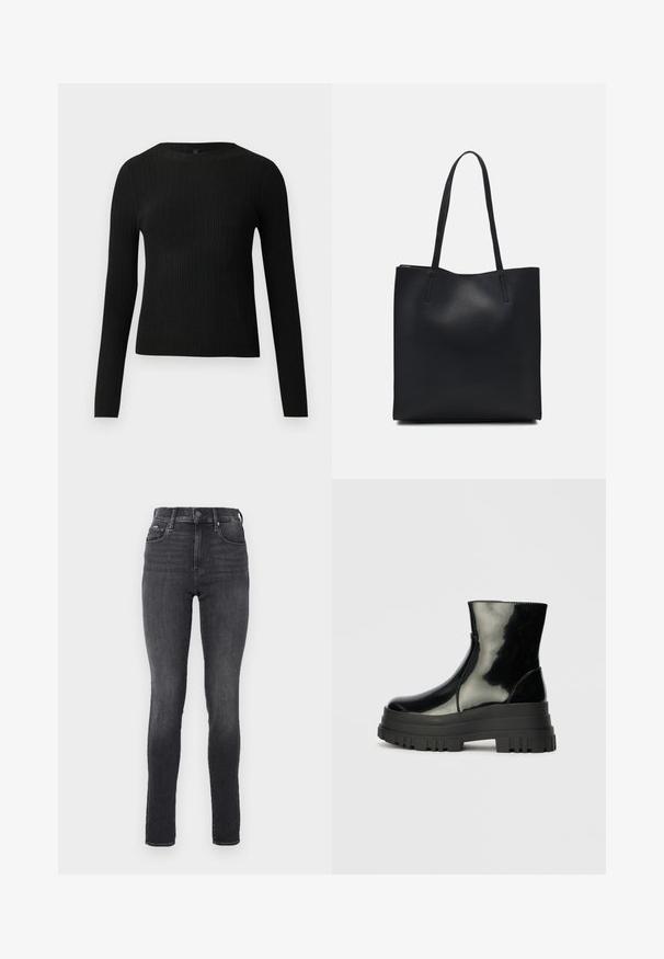 Suéter negro de manga larga ajustado con estampado de canalé y cuello redondo, exhibido sobre un fondo claro y liso.; Jeans ajustados de tiro alto en denim gris oscuro, con textura suave, que cuentan con bolsillos frontales y un cierre de botón metálico en la cintura.; Botín negro brillante hasta el tobillo con suela gruesa y redondeada, vista lateral sobre un fondo gris claro liso.; Bolso tote de cuero negro con textura lisa, forma rectangular y dos asas largas. Sin herrajes ni adornos visibles.