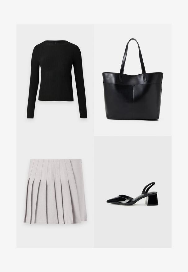 Čierny rebrovaný pulóver s dlhým rukávom, priliehajúci, s okrúhlym výstrihom, vystavený na jednoduchom svetlom pozadí.; Sivá plisovaná sukňa s hladkým povrchom, s viacerými vertikálnymi skladmi a priliehavým pásom. Vyrobená z ľahkého materiálu.; Čierne lakované kožené sandálové podpätky s špicatou špičkou a geometrickým blokovým podpätkom. Disponujú elegantným, minimalistickým dizajnom a hladkým povrchom.; Čierna kožená tote taška s dvoma dlhými rúčkami, hladkým povrchom a štruktúrovaným tvarom. Obsahuje prednú kapsu pre dodatočné uskladnenie.