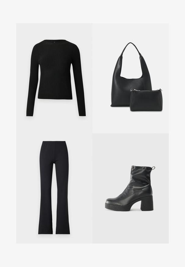 Čierny rebrovaný pulóver s dlhým rukávom, priliehajúci, s okrúhlym výstrihom, vystavený na jednoduchom svetlom pozadí.; Čierne rozšírené nohavice vyrobené z elastického materiálu s elastickým pásom; hladká textúra, plná dĺžka a bez viditeľných vzorov alebo akcentov.; Čierne členkové topánky z hladkej kože, so bočným zipsom, robustnou textúrovanou pätnou časťou a zaobleným dizajnom špičky.; Even&Odd Kabelka - black