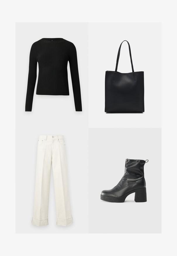 Black ribbed long-sleeve fitted sweater with a round neckline, displayed against a plain light background.; Wide-leg cream trousers made of cotton, featuring a folded hem and belt loops. Designed with two front pockets and a front button closure.; Black ankle boots made of smooth leather, featuring a side zipper, chunky textured heel, and rounded toe design.; Black leather tote bag with smooth texture, rectangular shape, and two long handles. No visible hardware or embellishments.